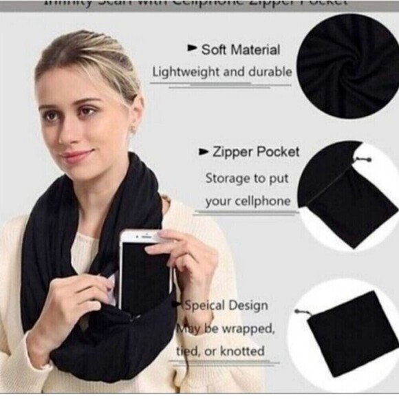 NWT Beyond Yoga Womens Cellphone Zipper Pockets Infinity Scarf Black Lightweight - Picture 3 of 10